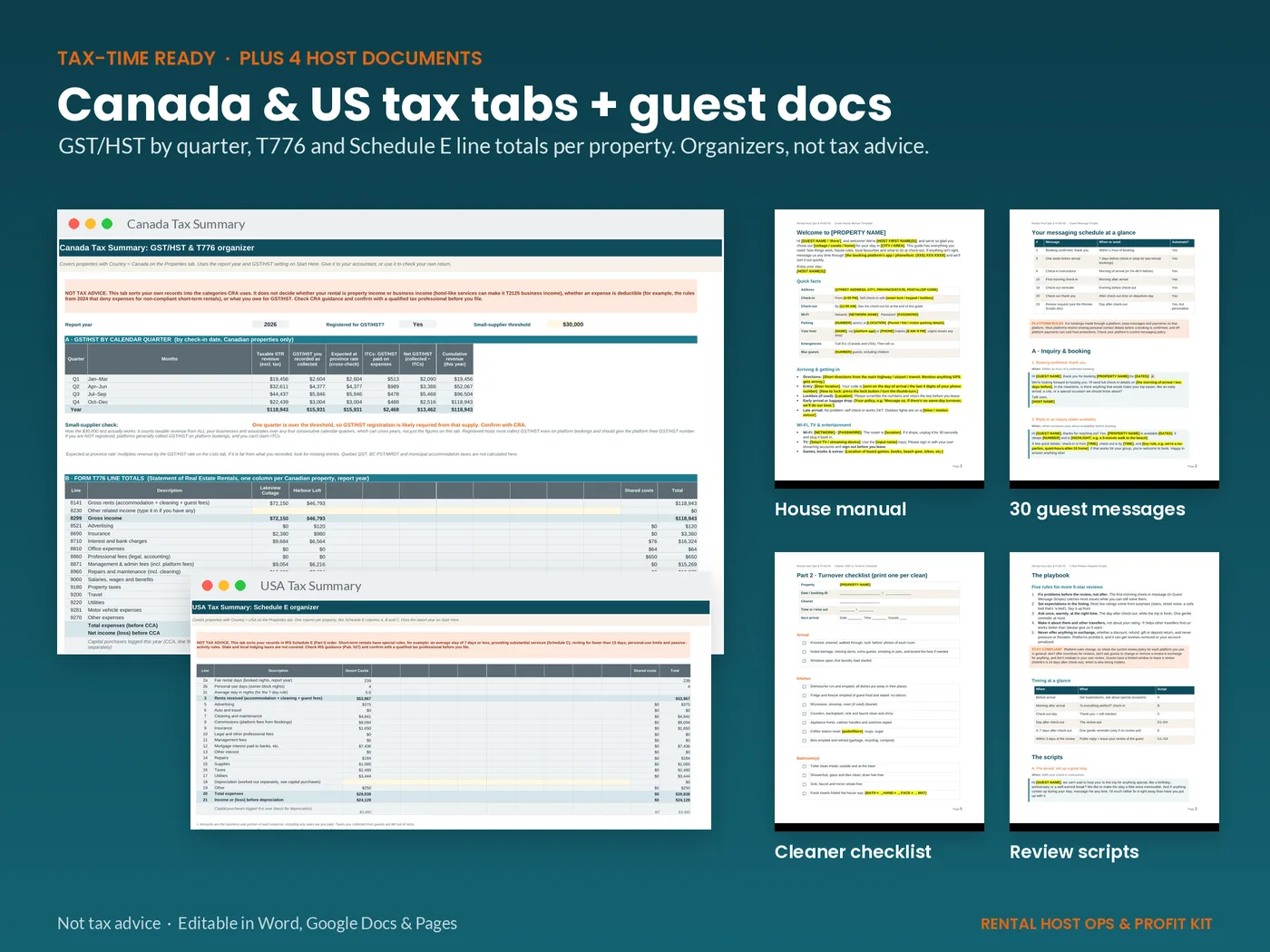 Canada GST/HST and T776 tab, USA Schedule E tab, and thumbnails of the four host documents